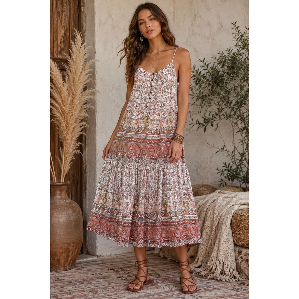 Lucky Brand Women's Ditzy Floral Midi Dress Boho Free Spirit Western Flowy Sz XS